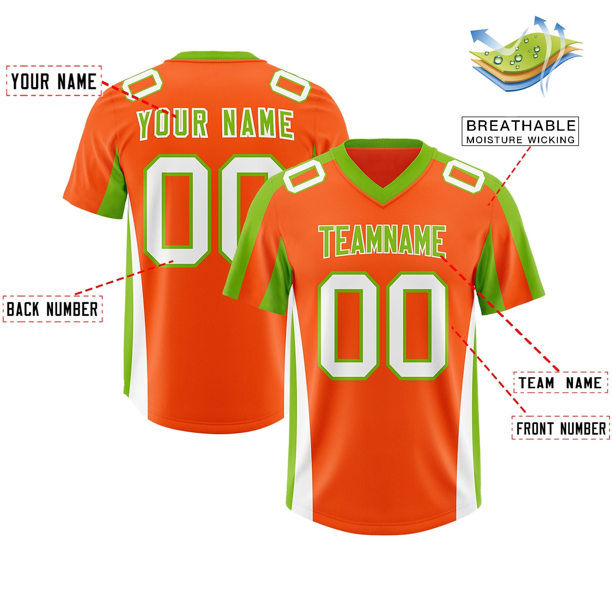 Custom Orange Neon Green Side Stripe Pattern Authentic American Football Jersey