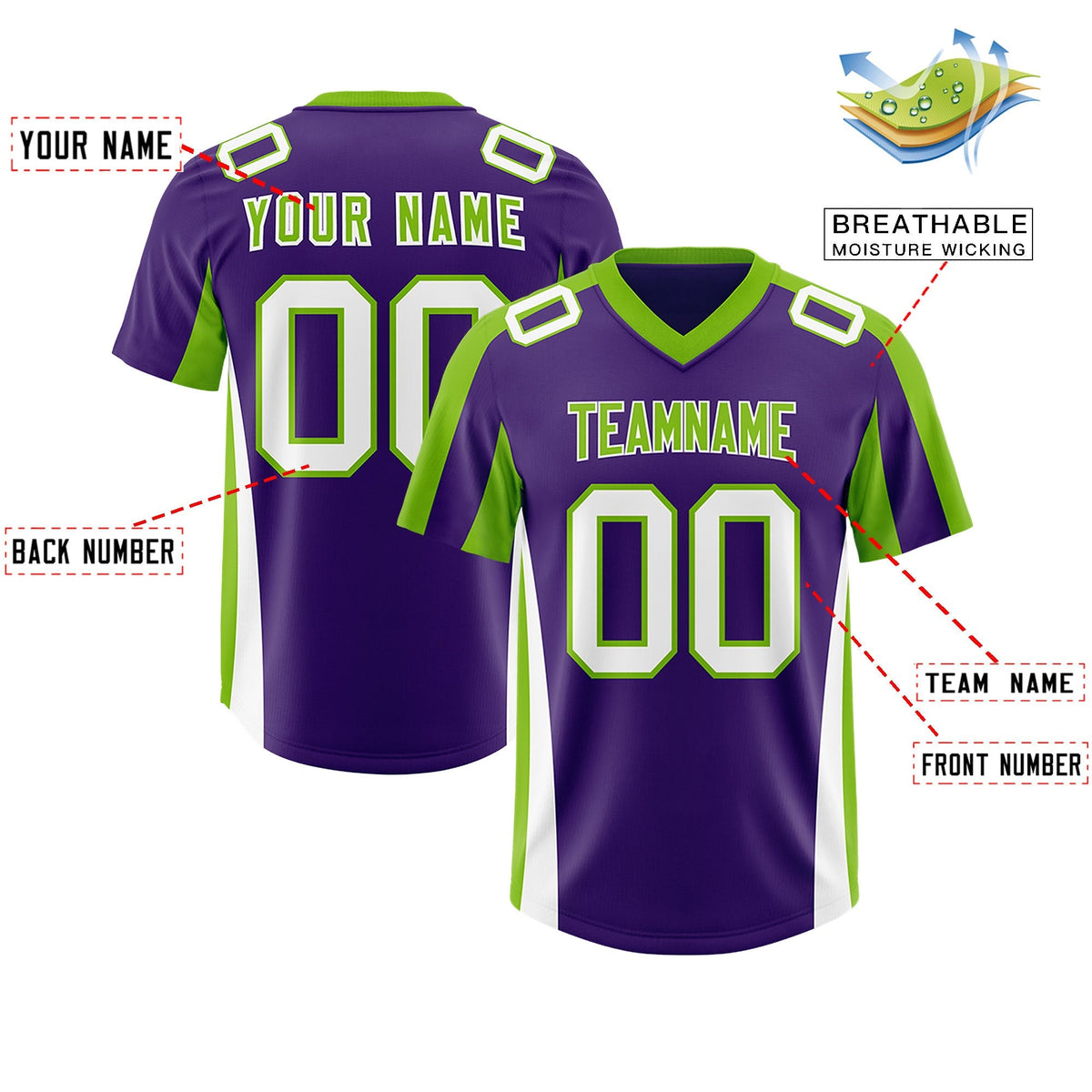 Custom Purple Neon Green Side Stripe Pattern Authentic American Football Jersey