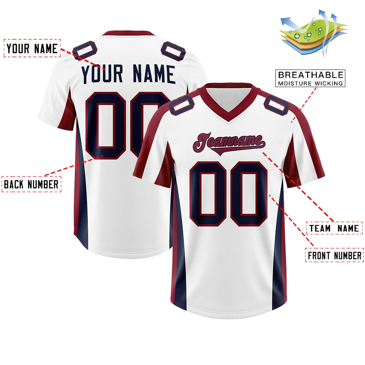 Custom White Crimson Side Stripe Pattern Authentic American Football Jersey