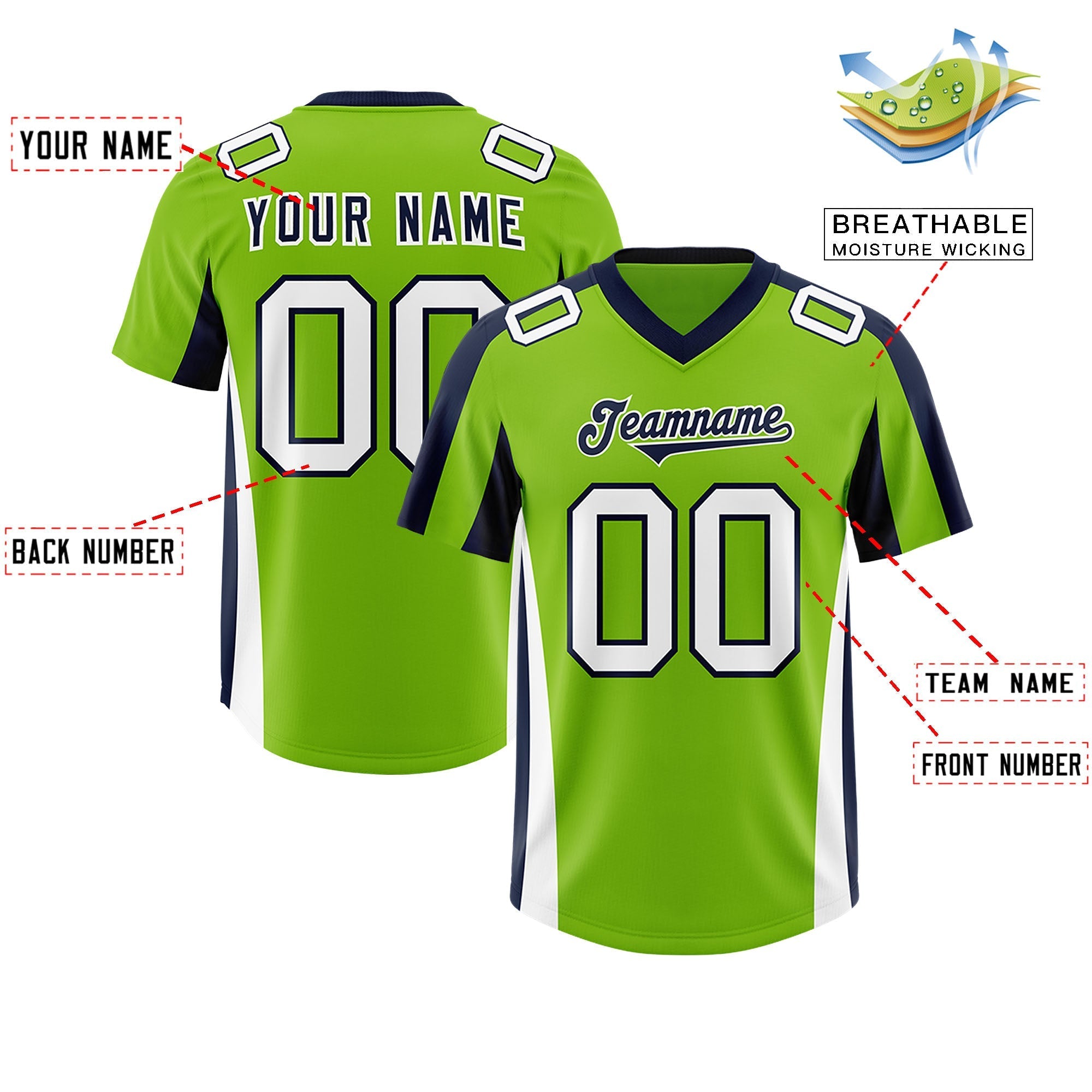Custom Neon Green Navy Side Stripe Pattern Authentic American Football Jersey
