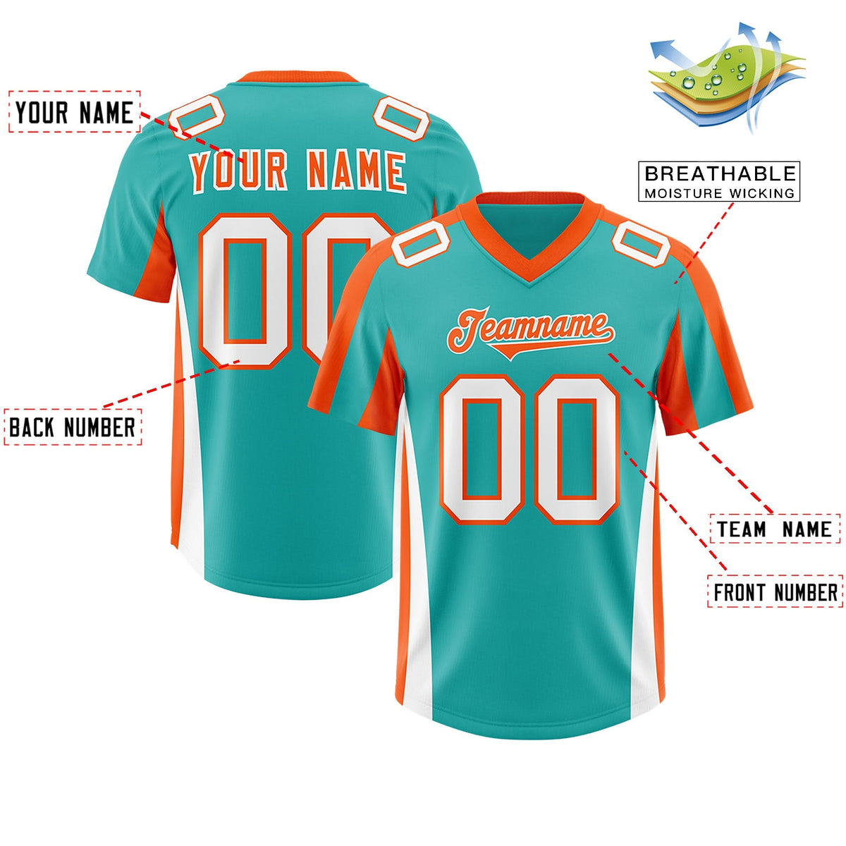 Custom Aqua Orange Side Stripe Pattern Authentic American Football Jersey