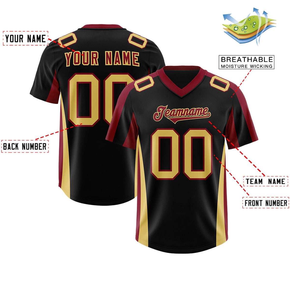 Custom Black Crimson Side Stripe Pattern Authentic American Football Jersey