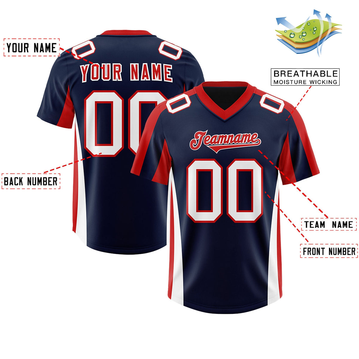 Custom Navy Red Side Stripe Pattern Authentic American Football Jersey