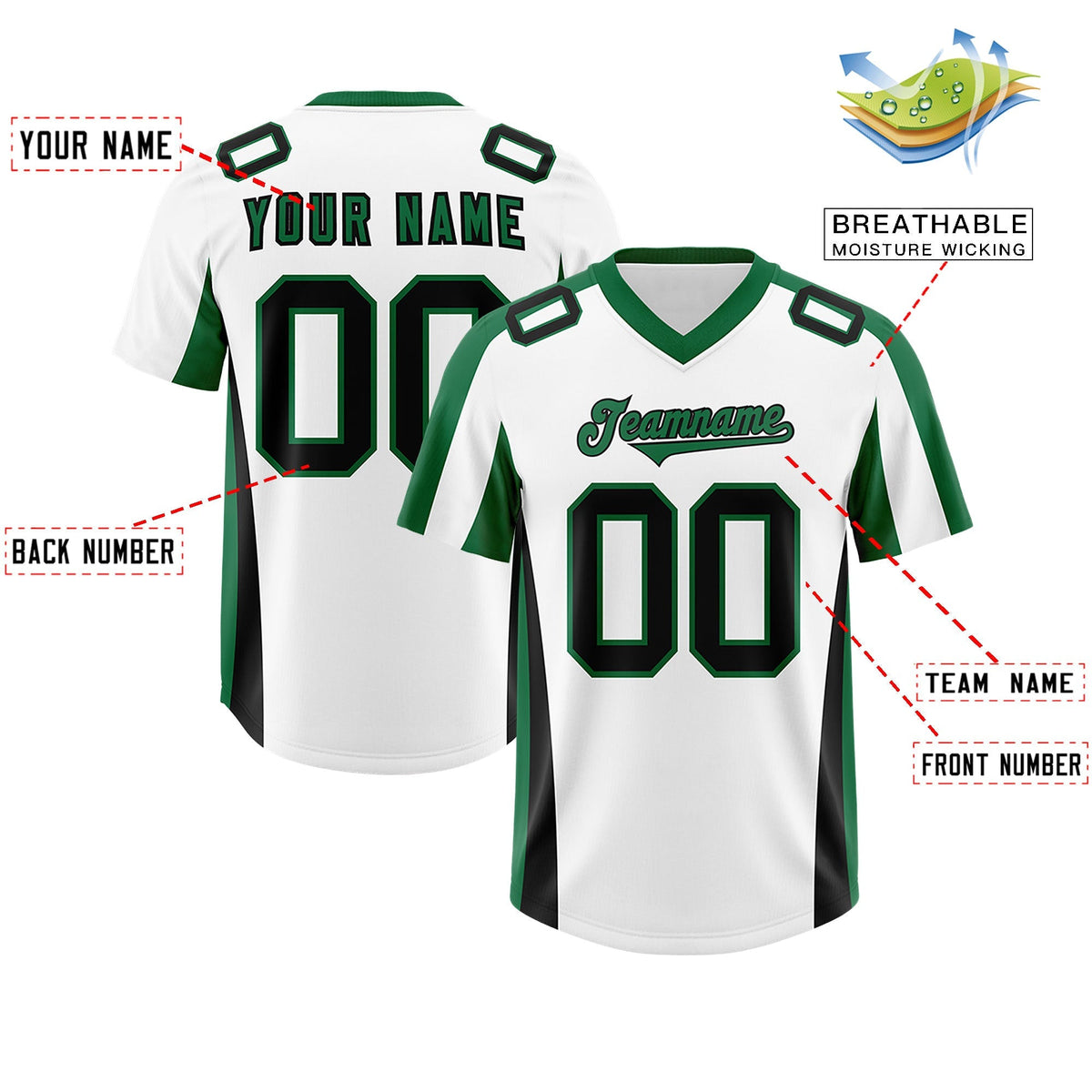 Custom White Kelly Green Side Stripe Pattern Authentic American Football Jersey