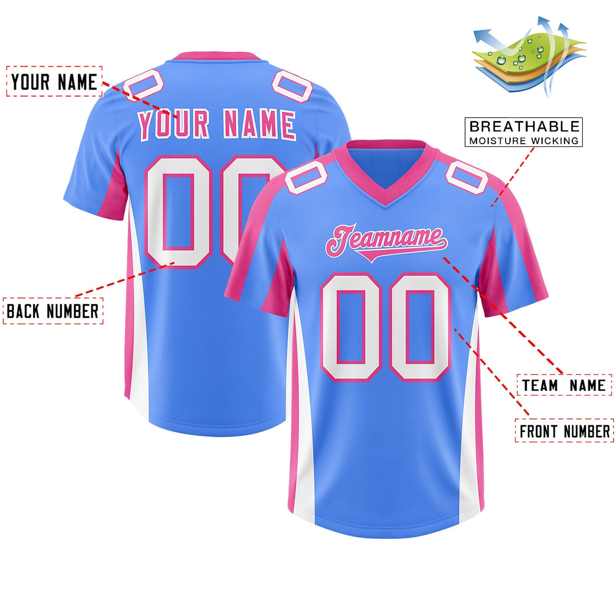 Custom Powder Blue Pink Side Stripe Pattern Authentic American Football Jersey