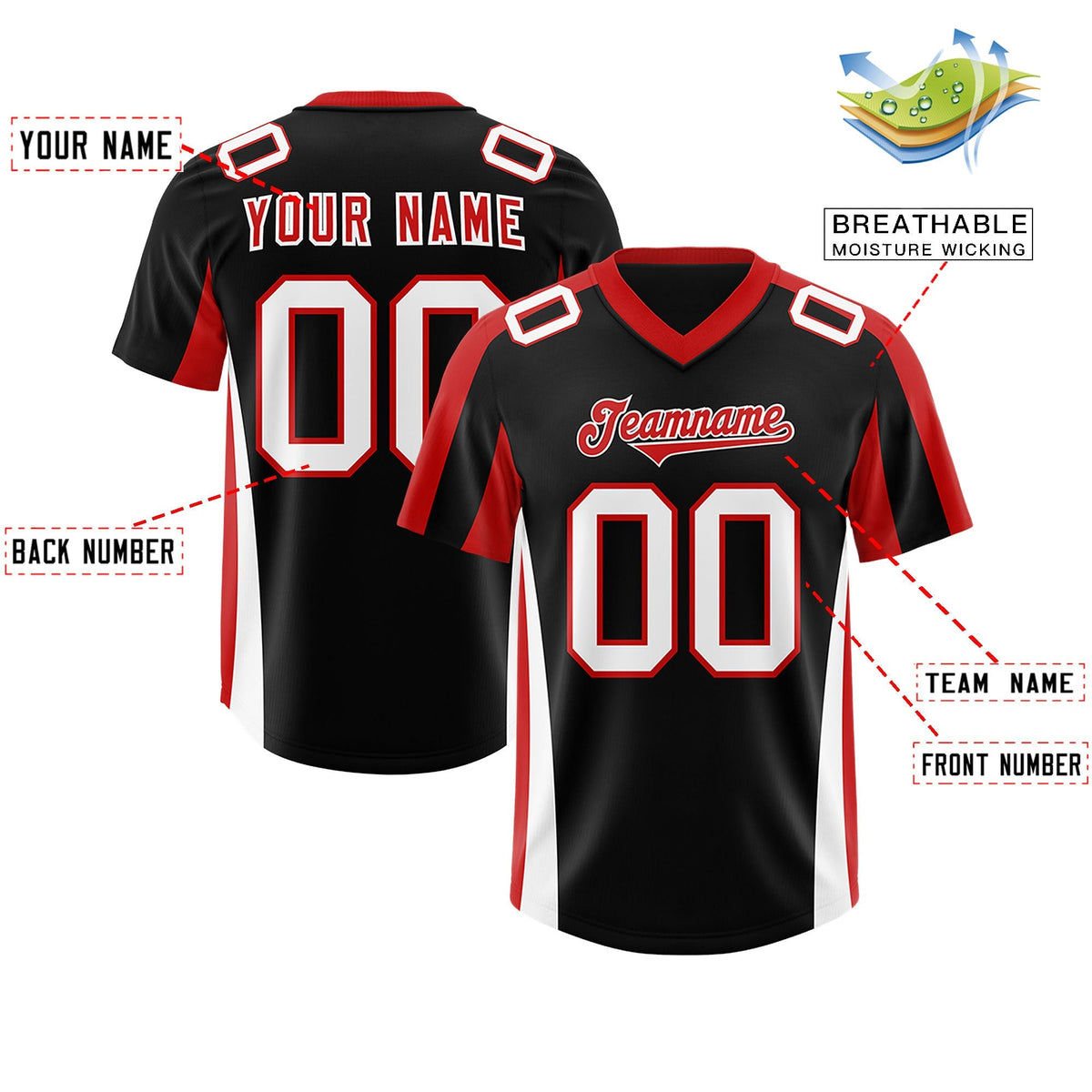 Custom Black Red Side Stripe Pattern Authentic American Football Jersey