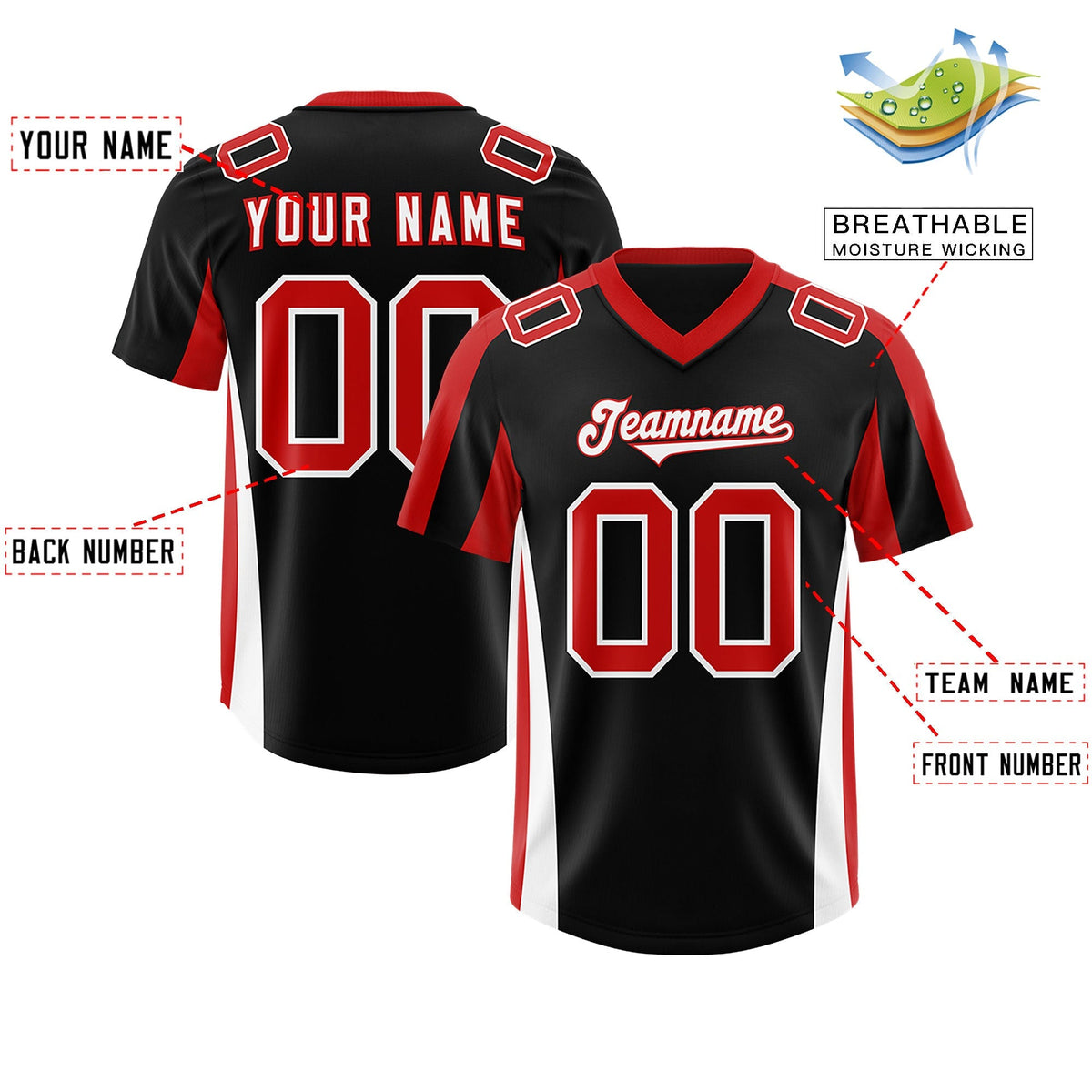 Custom Black Red Side Stripe Pattern Authentic American Football Jersey