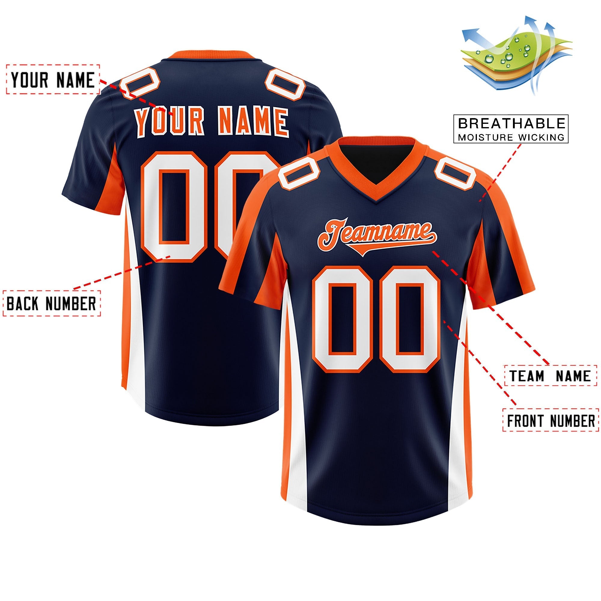 Custom Navy Orange Side Stripe Pattern Authentic American Football Jersey