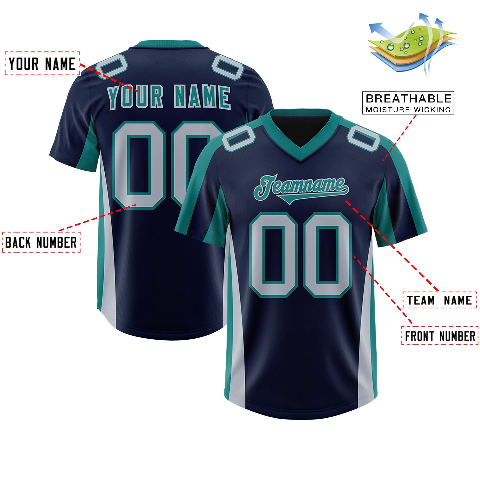 Custom Navy Aqua Side Stripe Pattern Authentic American Football Jersey