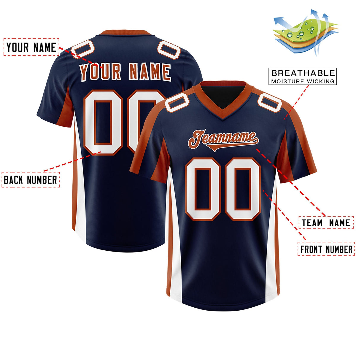 Custom Navy Texas Orange Side Stripe Pattern Authentic American Football Jersey