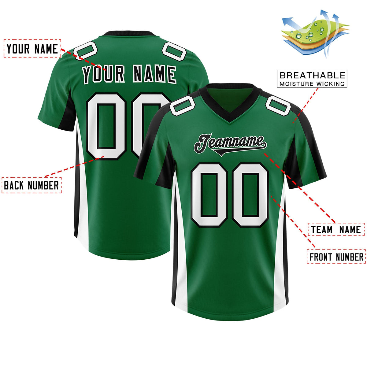 Custom Kelly Green Black Side Stripe Pattern Authentic American Football Jersey