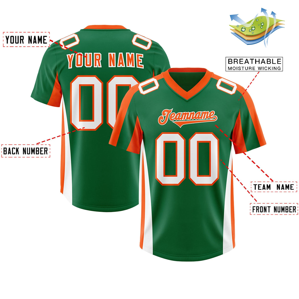 Custom Kelly Green Orange Side Stripe Pattern Authentic American Football Jersey
