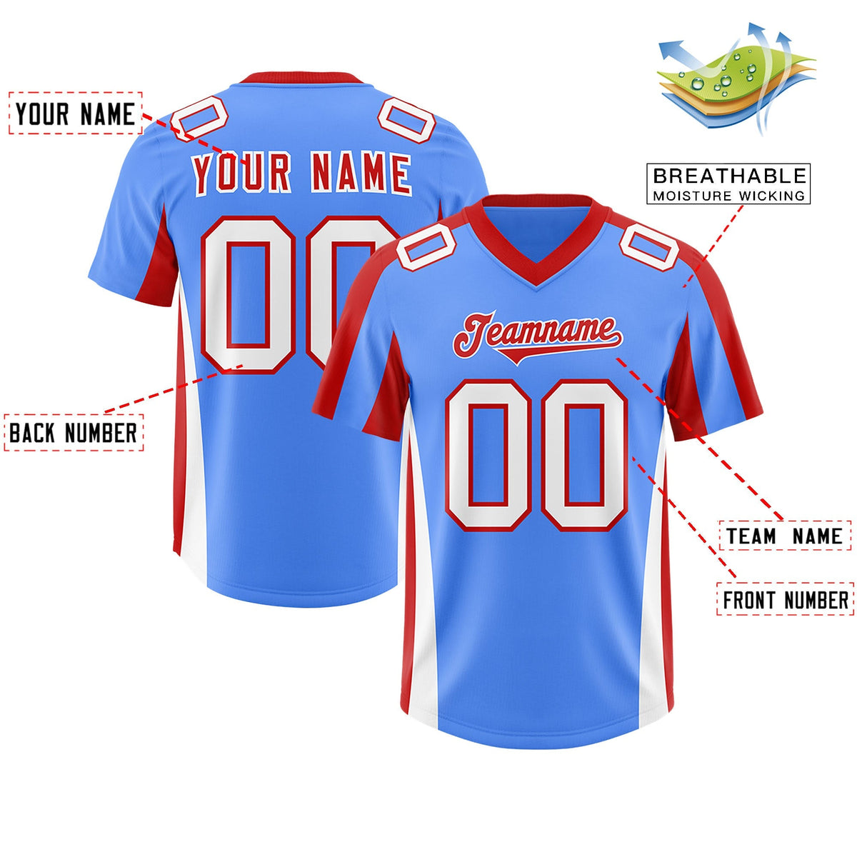 Custom Powder Blue Red Side Stripe Pattern Authentic American Football Jersey