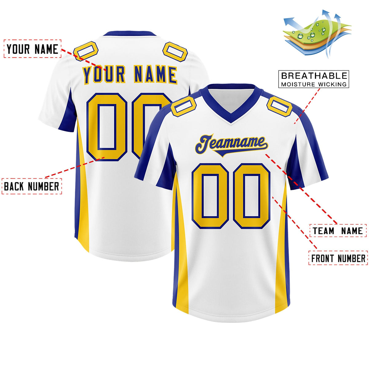 Custom White Royal Side Stripe Pattern Authentic American Football Jersey