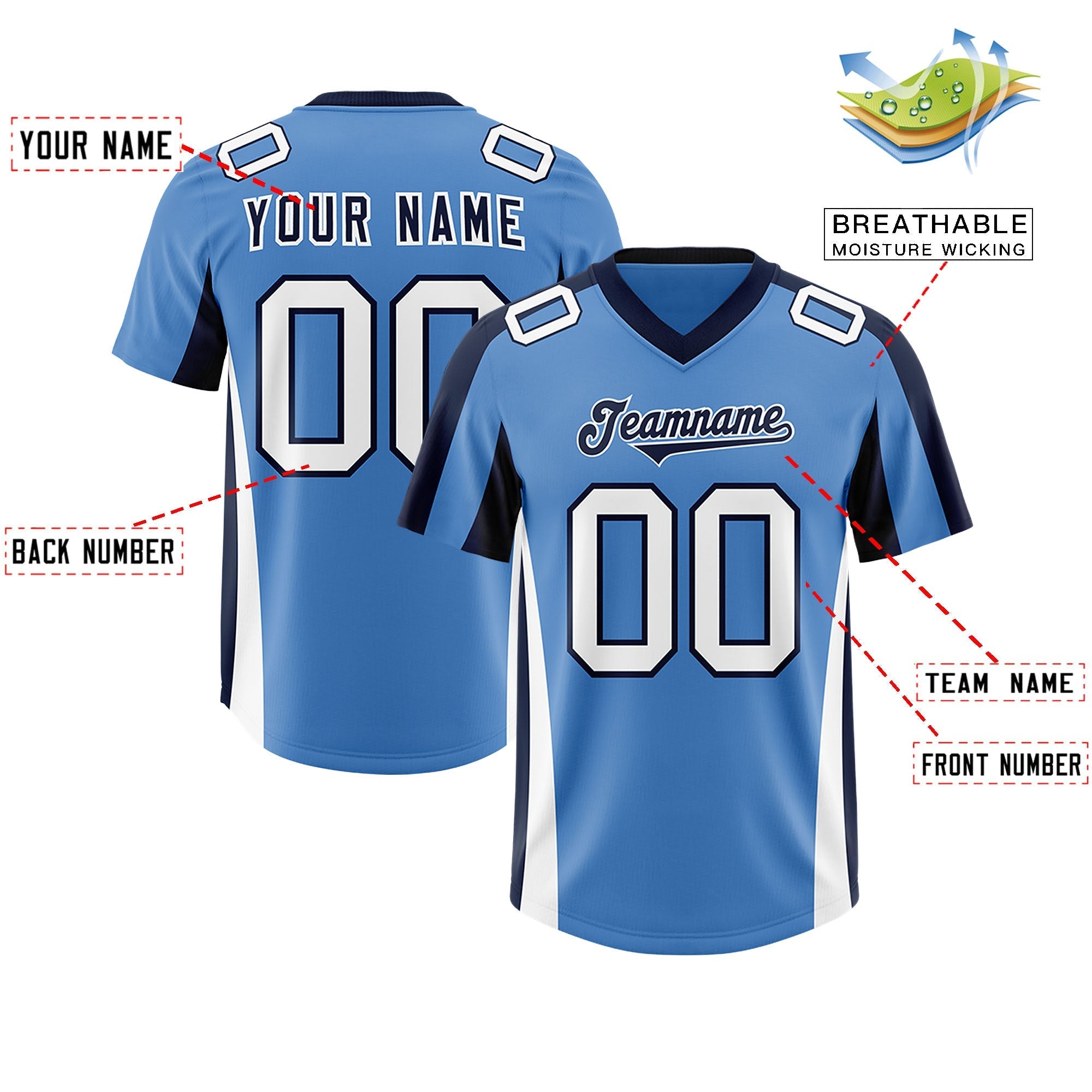 Custom Powder Blue Navy Side Stripe Pattern Authentic American Football Jersey