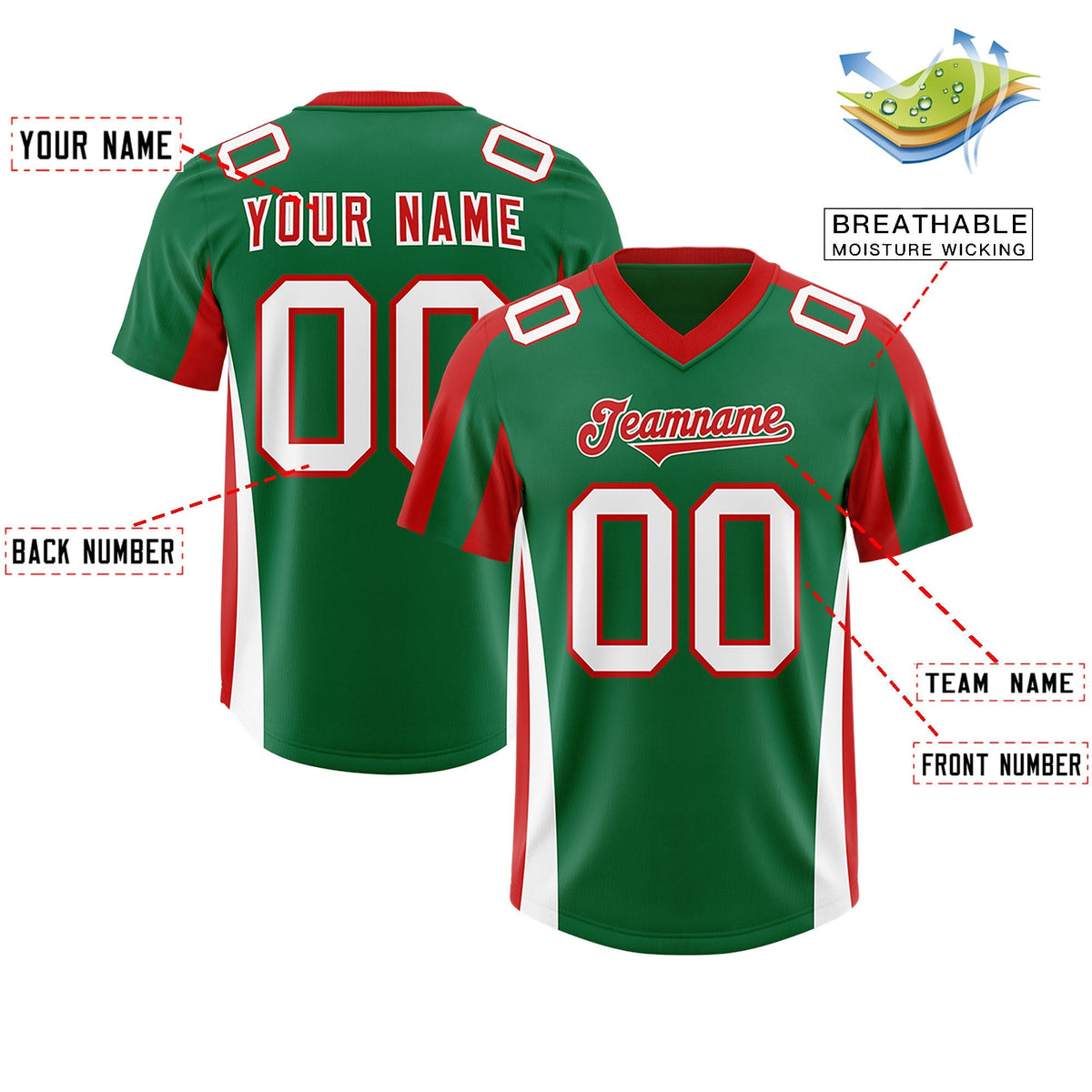 Custom Kelly Green Red Side Stripe Pattern Authentic American Football Jersey