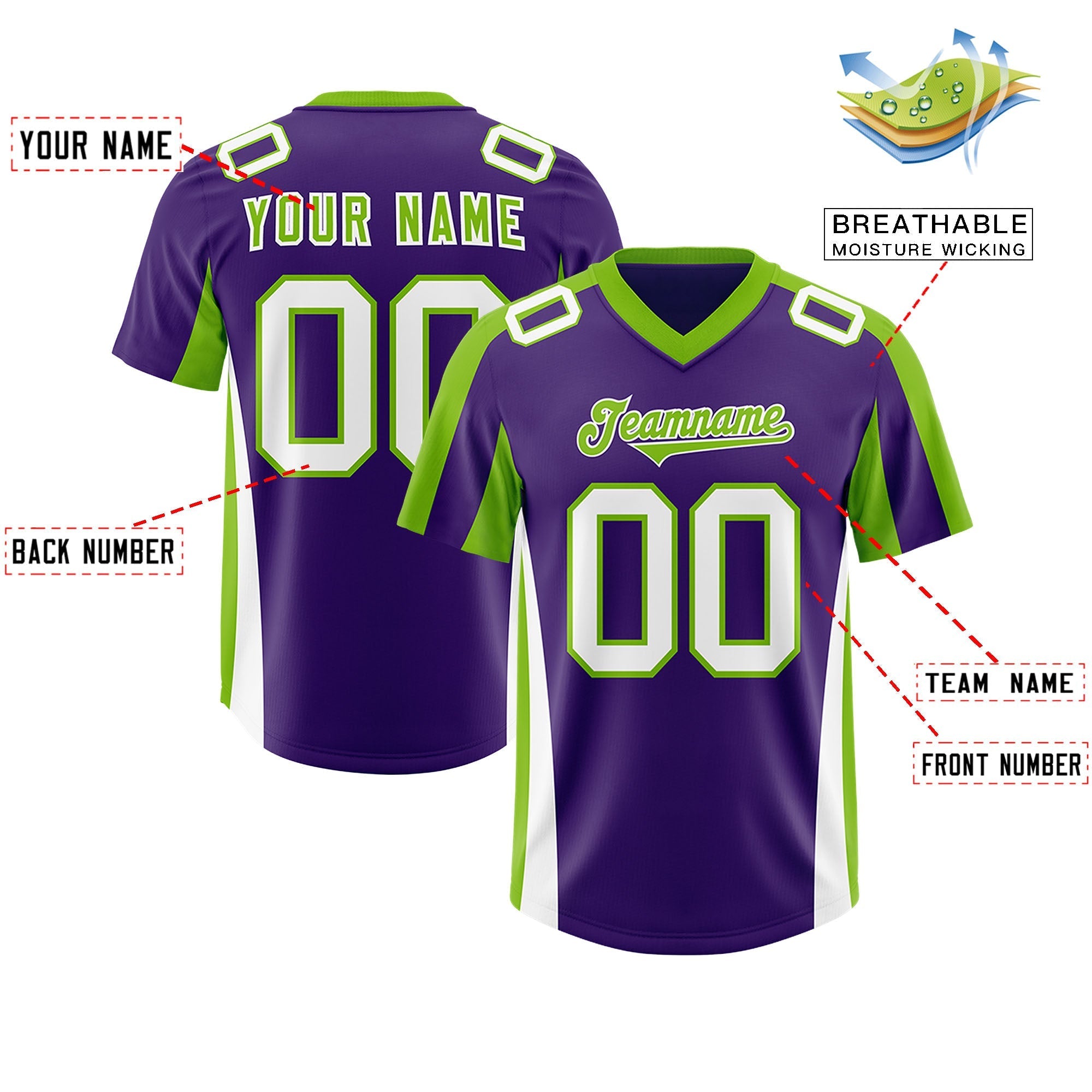 Custom Purple Neon Green Side Stripe Pattern Authentic American Football Jersey