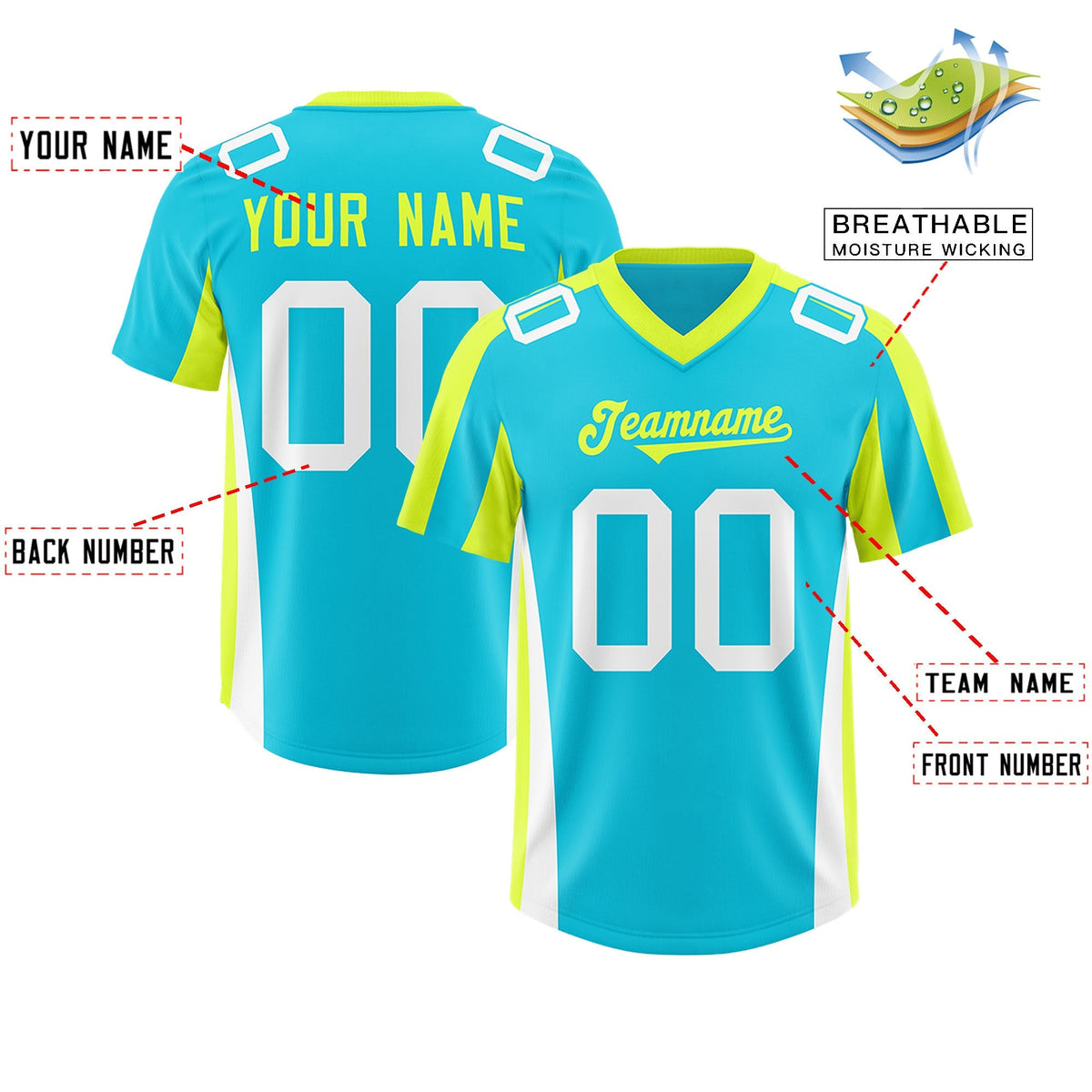 Custom Sky Blue Fluorescent Green Side Stripe Pattern Authentic American Football Jersey