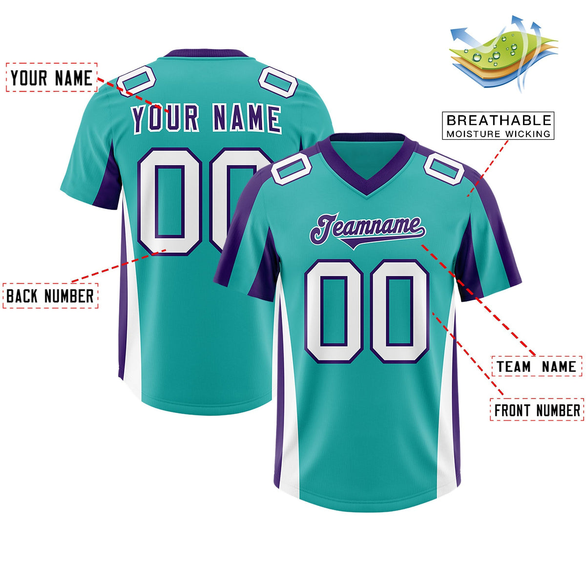 Custom Aqua Purple Side Stripe Pattern Authentic American Football Jersey
