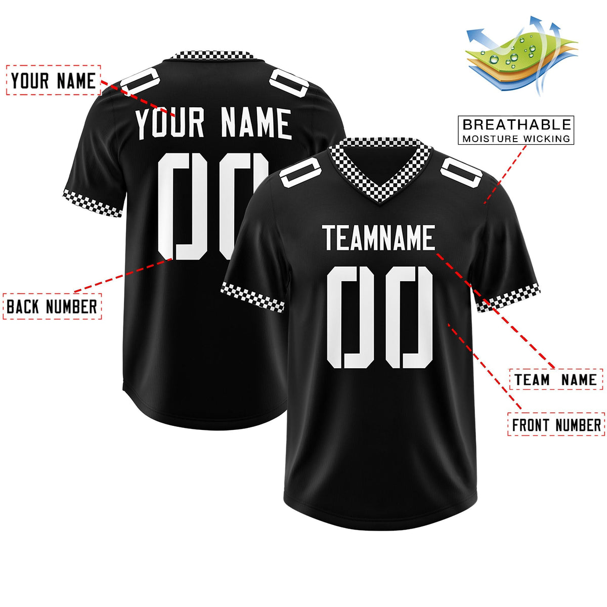 Custom Black White Personalized Neckline Square Classic Authentic American Football Jersey