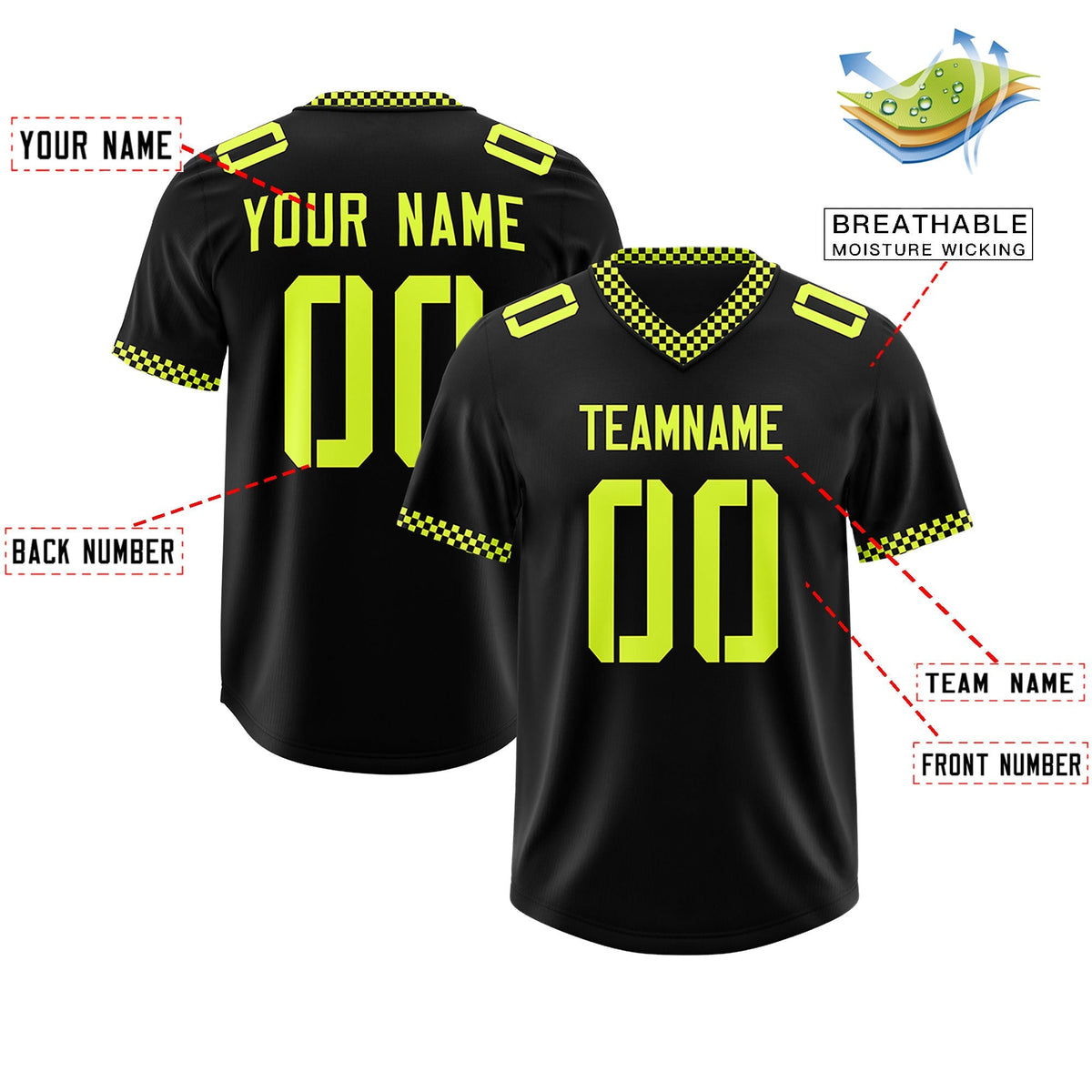 Custom Black Fluorescent Green Personalized Neckline Square Classic Authentic American Football Jersey