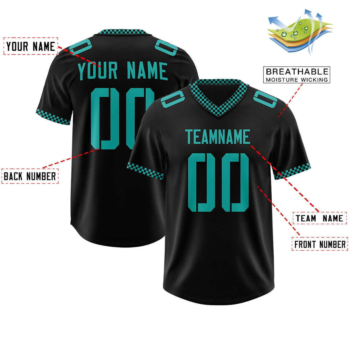 Custom Black Aqua Personalized Neckline Square Classic Authentic American Football Jersey