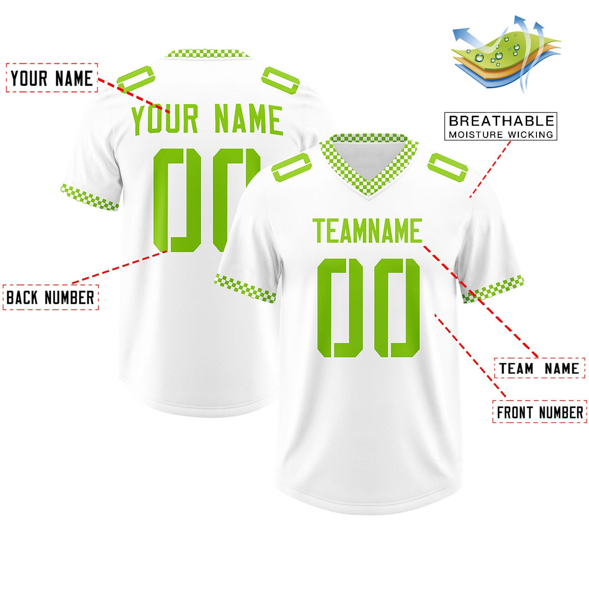 Custom White Neon Green Personalized Neckline Square Classic Authentic American Football Jersey