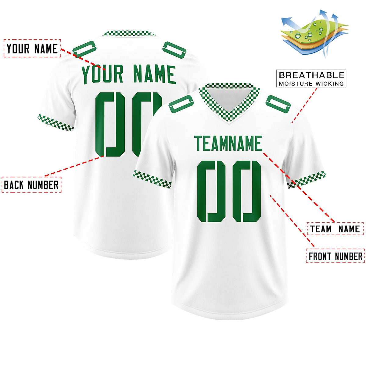 Custom White Kelly Green Personalized Neckline Square Classic Authentic American Football Jersey
