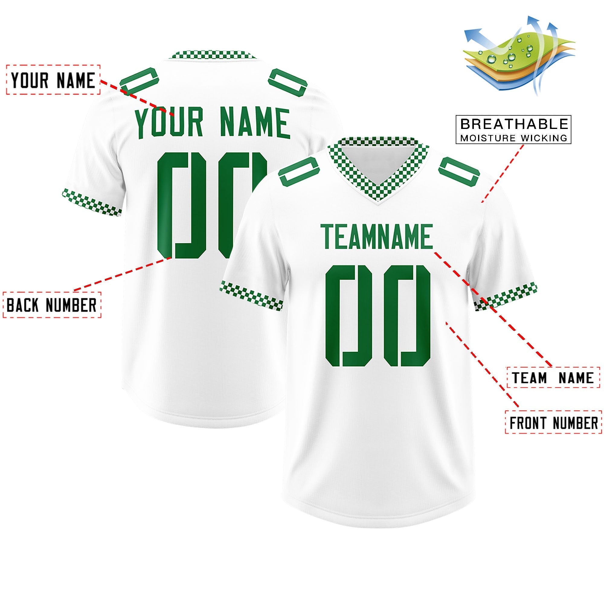 Custom White Kelly Green Personalized Neckline Square Classic Authentic American Football Jersey
