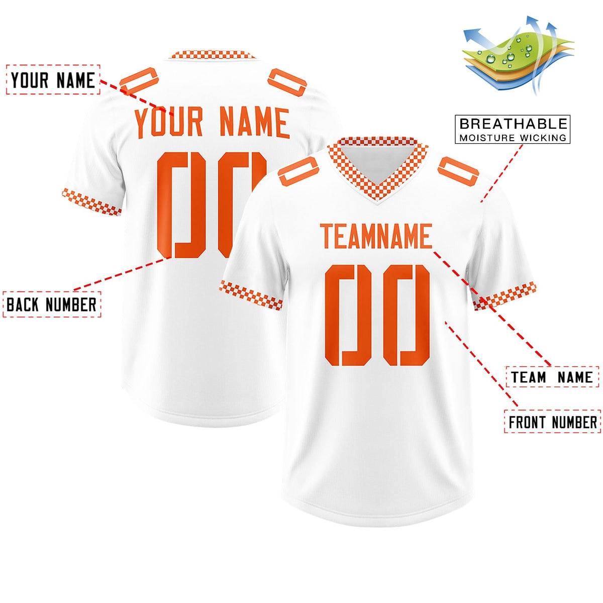 Custom White Orange Personalized Neckline Square Classic Authentic American Football Jersey