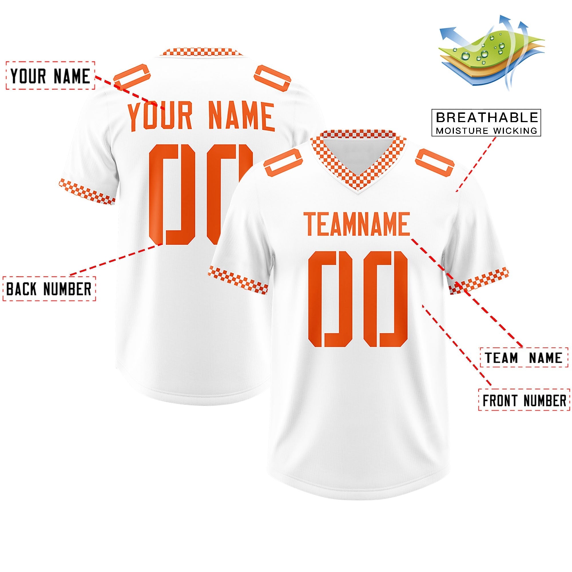 Custom White Orange Personalized Neckline Square Classic Authentic American Football Jersey