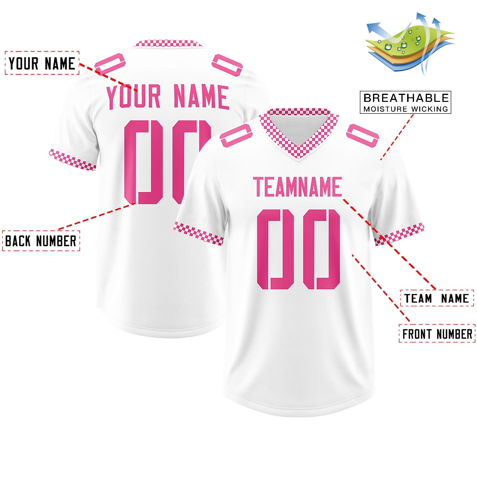 Custom White Pink Personalized Neckline Square Classic Authentic American Football Jersey