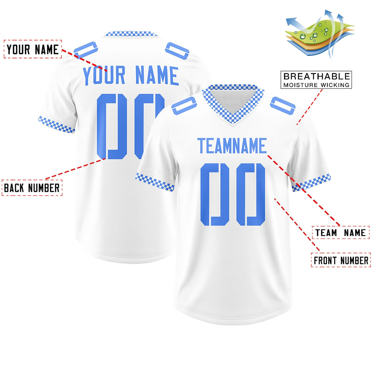 Custom White Powder Blue Personalized Neckline Square Classic Authentic American Football Jersey