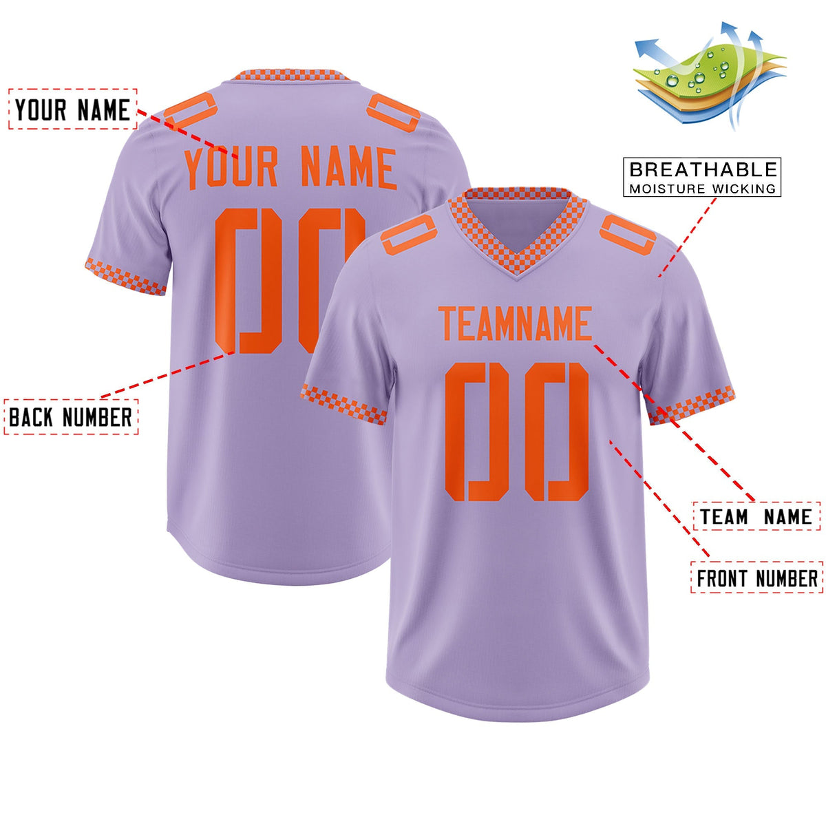 Custom Light Purple Orange Personalized Neckline Square Classic Authentic American Football Jersey
