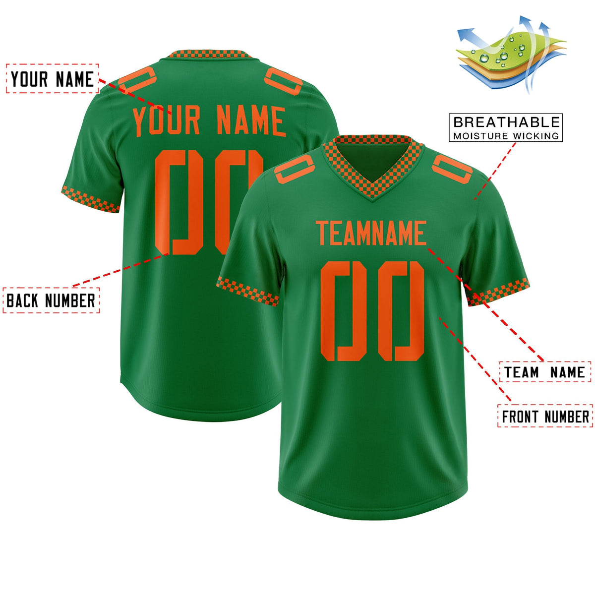 Custom Kelly Green Orange Personalized Neckline Square Classic Authentic American Football Jersey