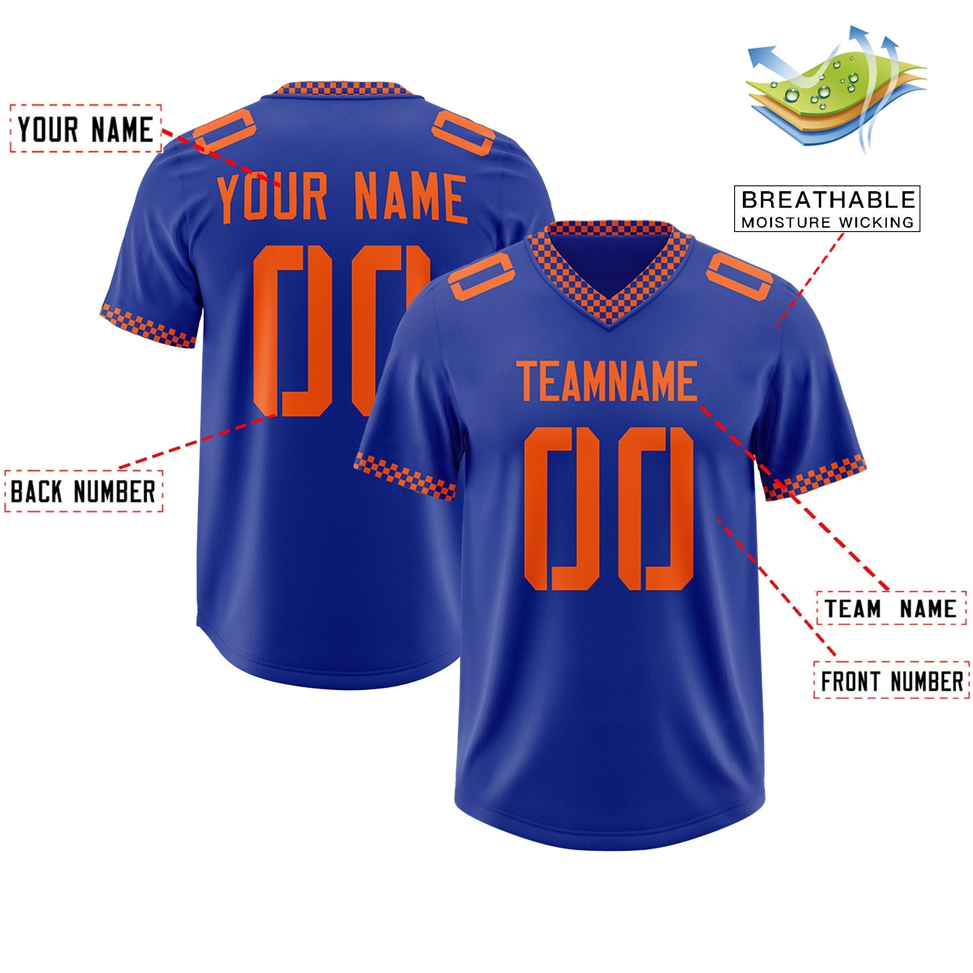 Custom Royal Orange Personalized Neckline Square Classic Authentic American Football Jersey