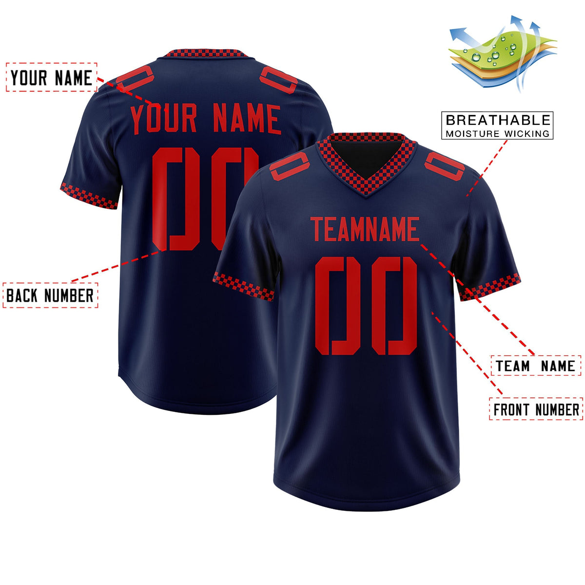 Custom Navy Red Personalized Neckline Square Classic Authentic American Football Jersey