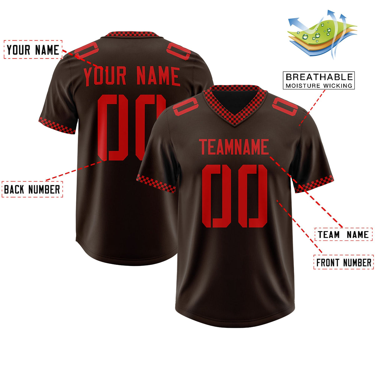 Custom Brown Red Personalized Neckline Square Classic Authentic American Football Jersey