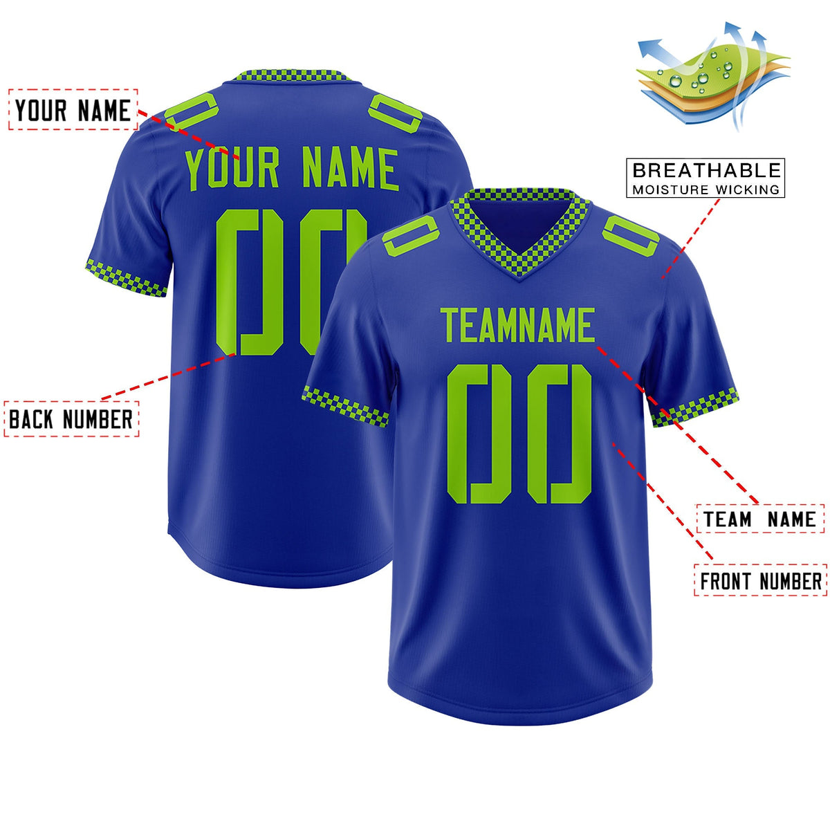 Custom Royal Neon Green Personalized Neckline Square Classic Authentic American Football Jersey