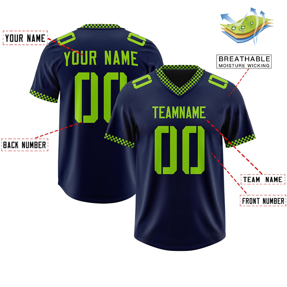 Custom Navy Neon Green Personalized Neckline Square Classic Authentic American Football Jersey