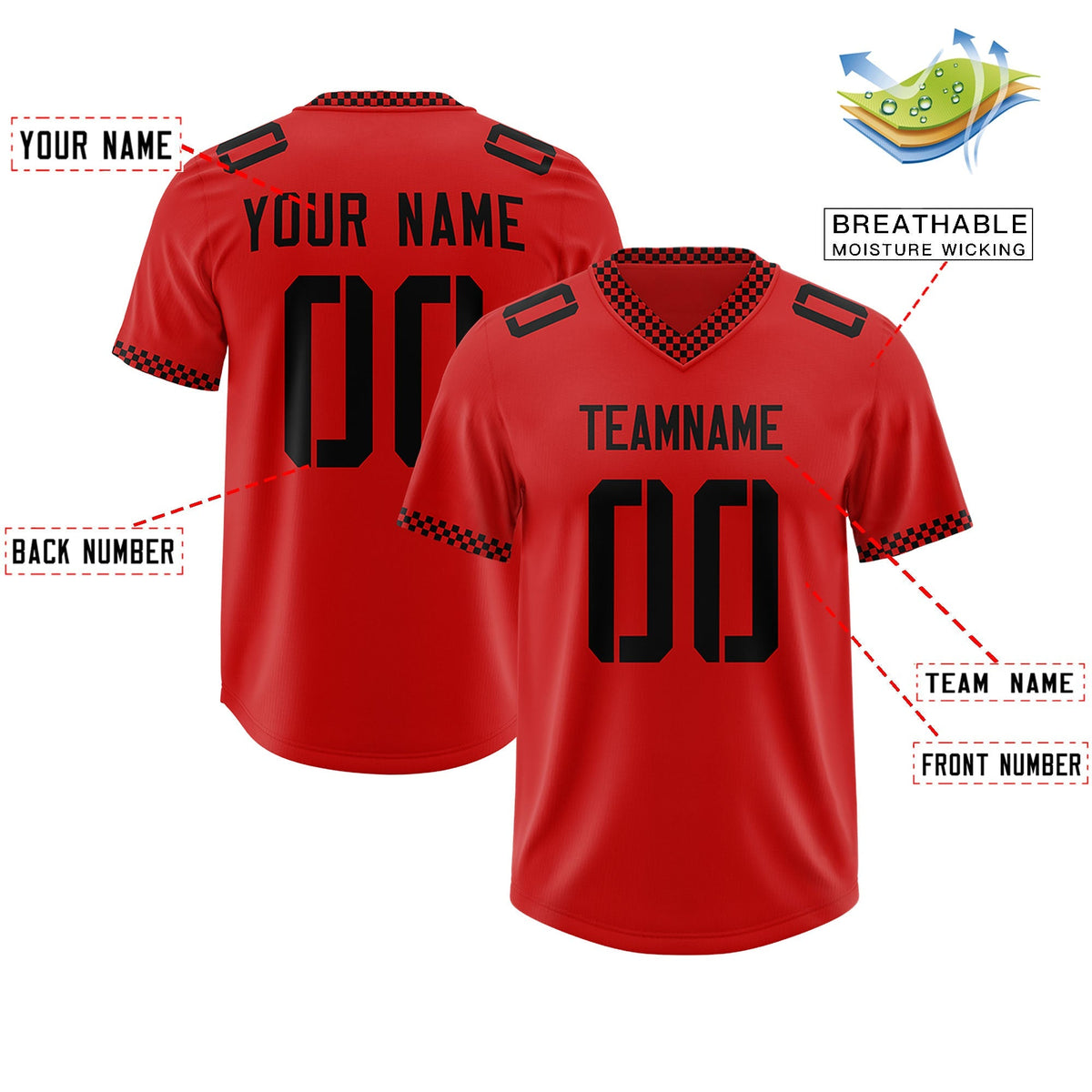 Custom Red Black Personalized Neckline Square Classic Authentic American Football Jersey