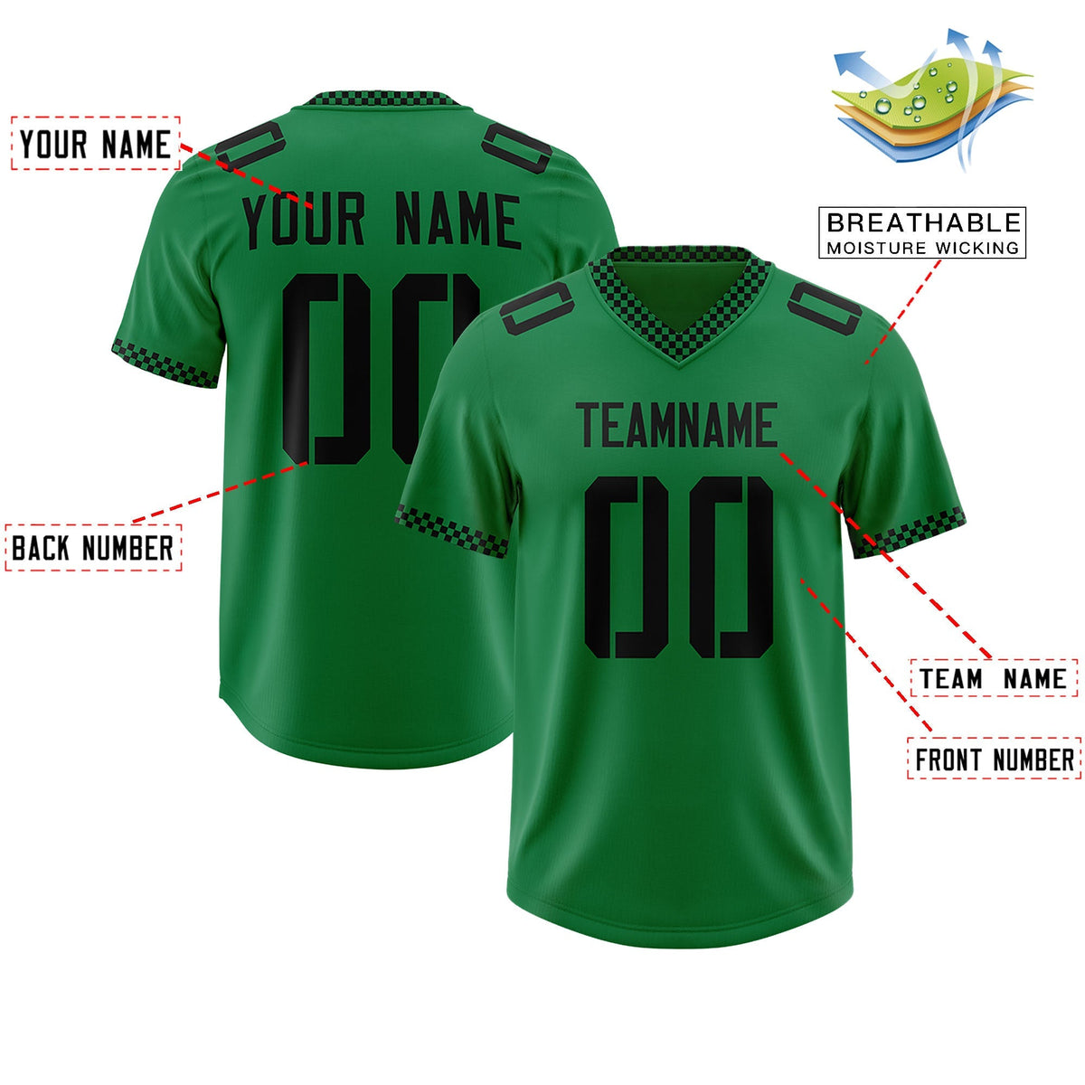 Custom Kelly Green Black Personalized Neckline Square Classic Authentic American Football Jersey