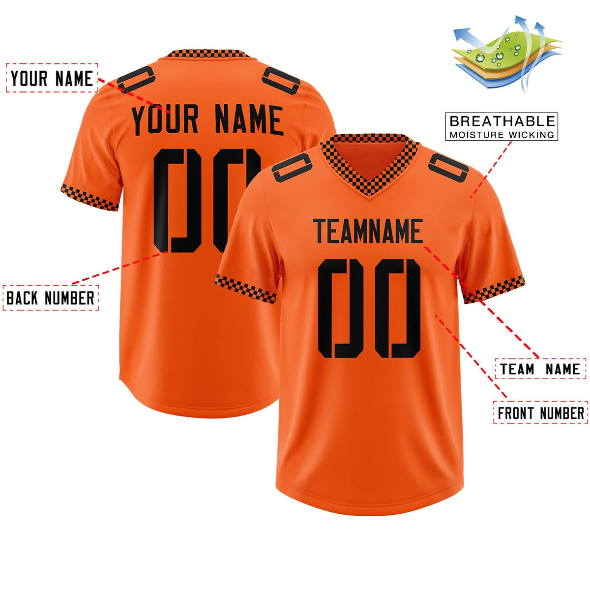 Custom Orange Black Personalized Neckline Square Classic Authentic American Football Jersey