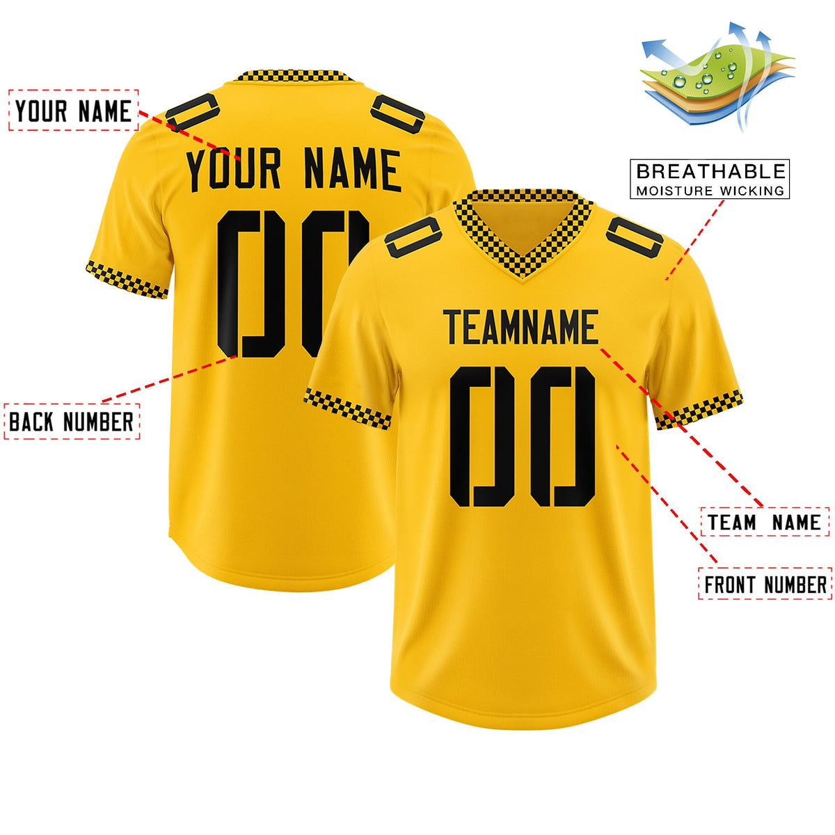 Custom Yellow Black Personalized Neckline Square Classic Authentic American Football Jersey