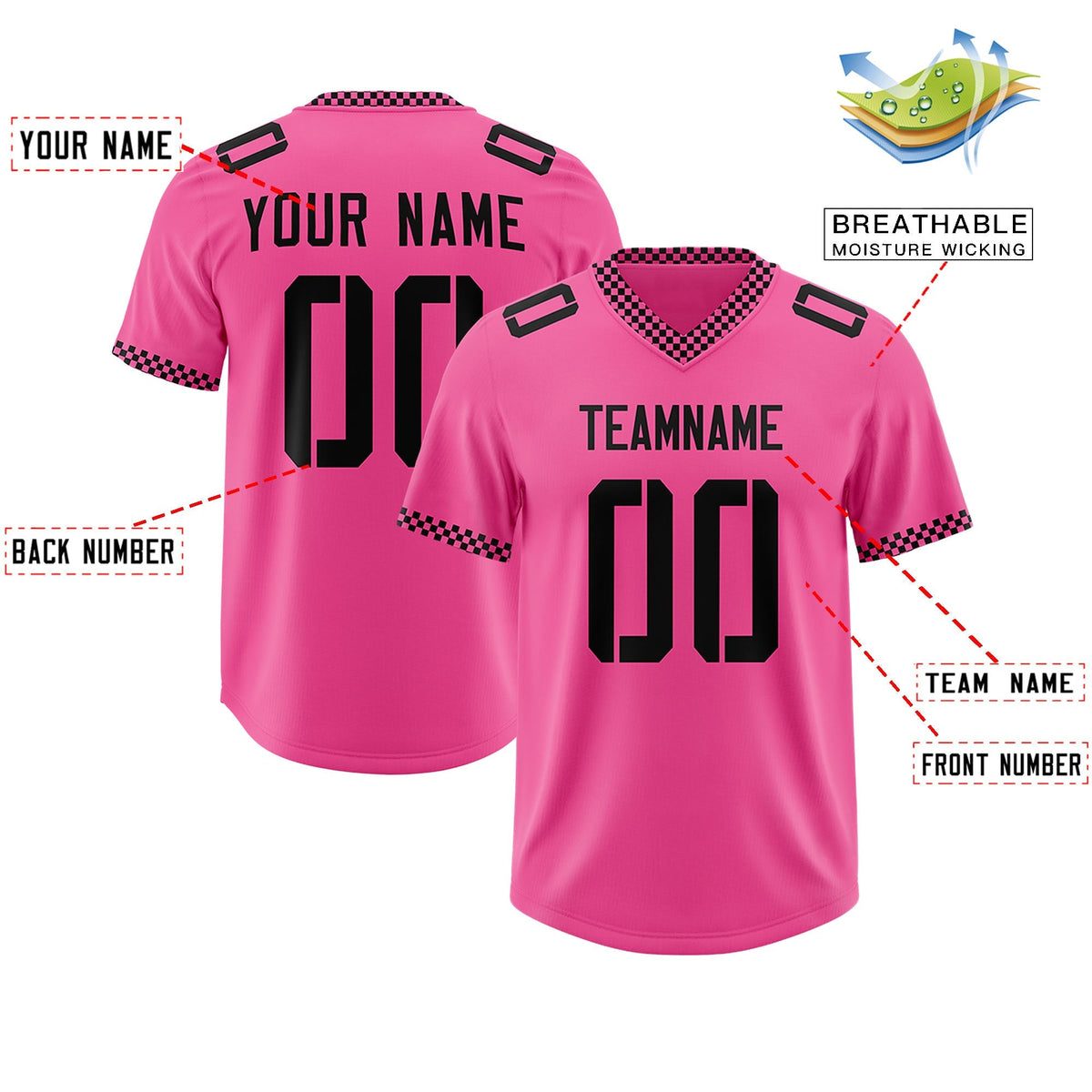 Custom Pink Black Personalized Neckline Square Classic Authentic American Football Jersey