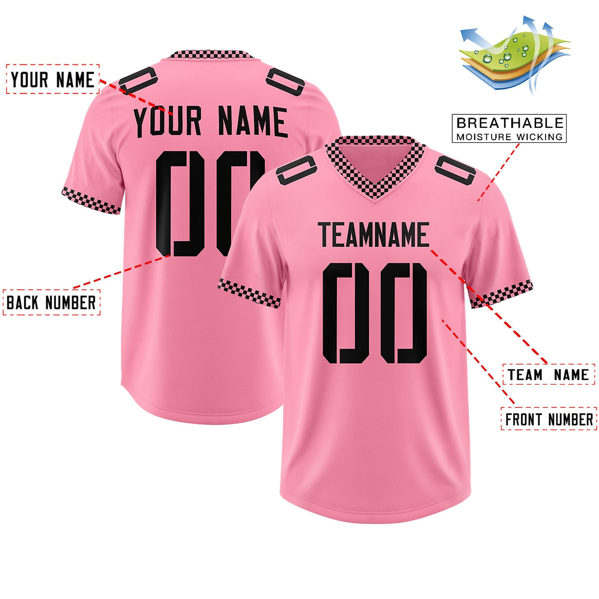 Custom Light Pink Black Personalized Neckline Square Classic Authentic American Football Jersey