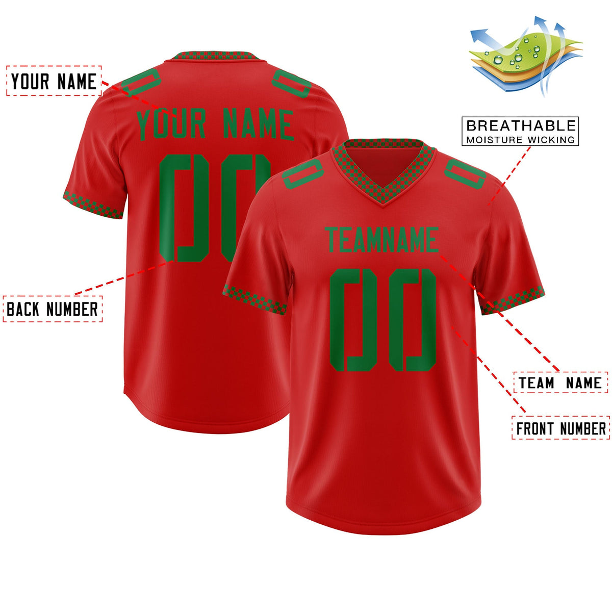 Custom Red Kelly Green Personalized Neckline Square Classic Authentic American Football Jersey