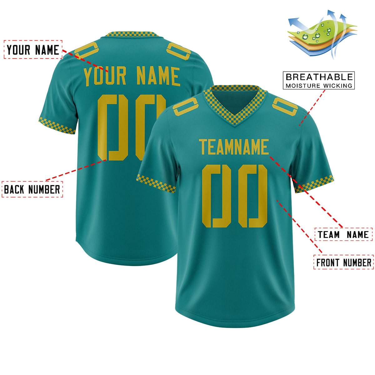 Custom Aqua Old Gold Personalized Neckline Square Classic Authentic American Football Jersey