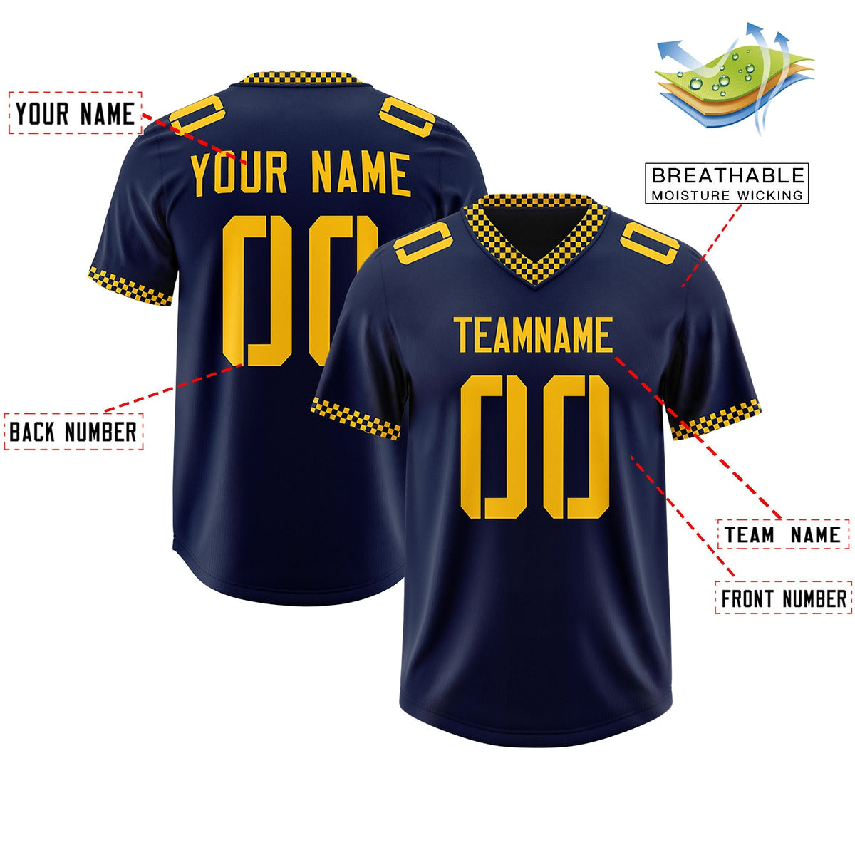 Custom Navy Yellow Personalized Neckline Square Classic Authentic American Football Jersey