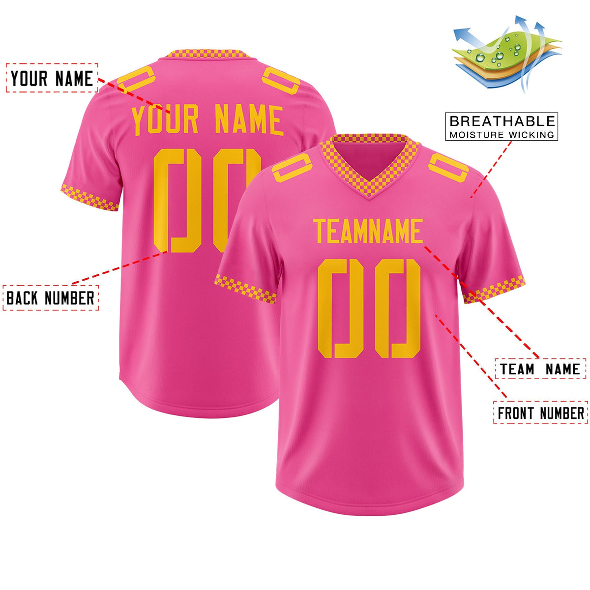 Custom Pink Yellow Personalized Neckline Square Classic Authentic American Football Jersey